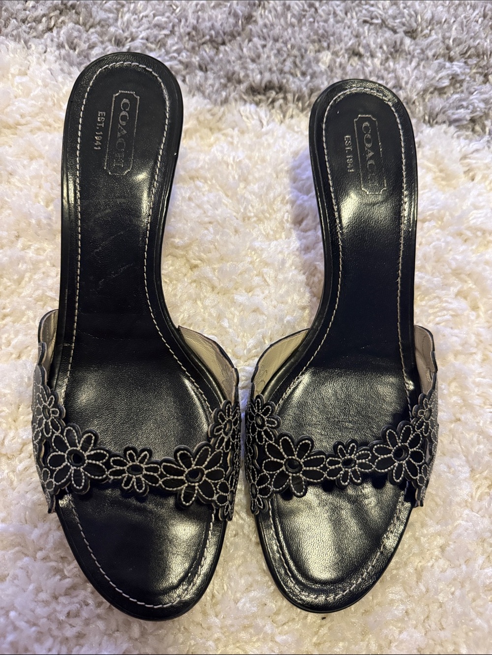 Coach Black Leather Floral Applique Slide Mules